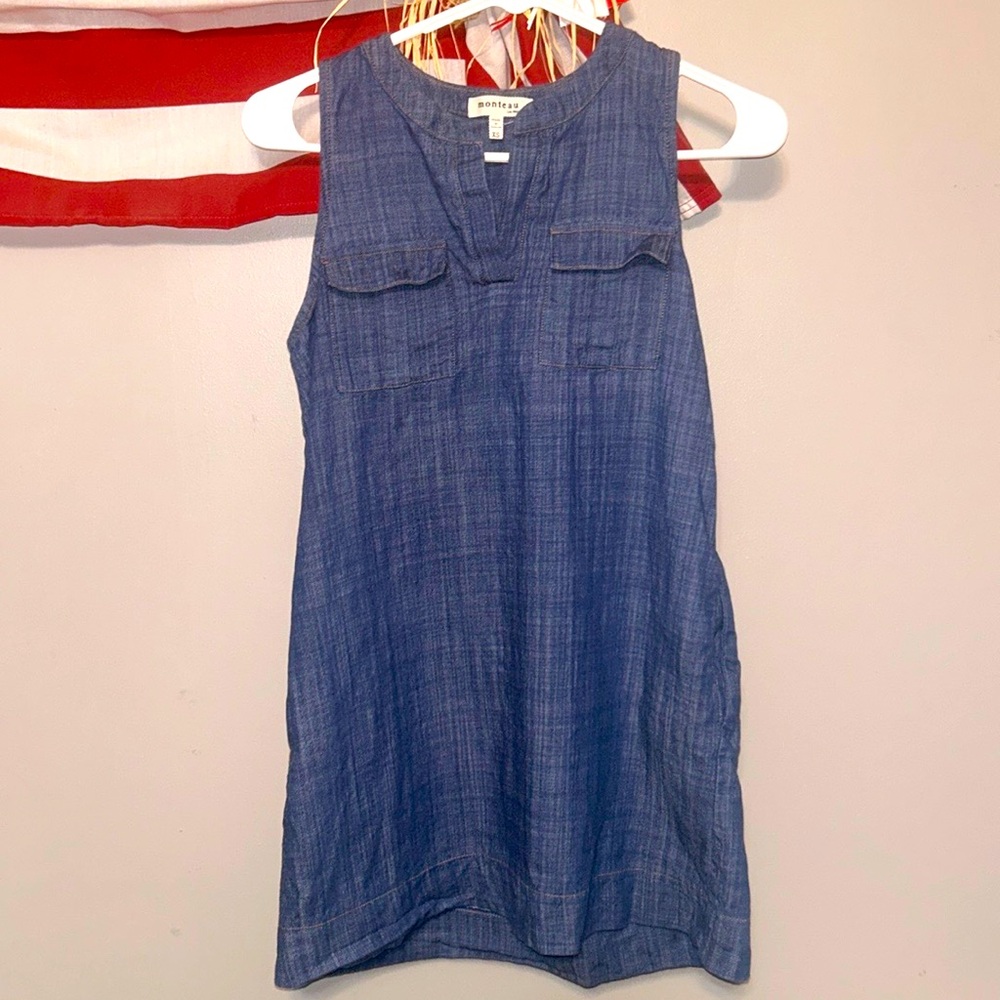 Monteau blue jeans mini dress w/ pockets on front and hidden pockets on sides XS